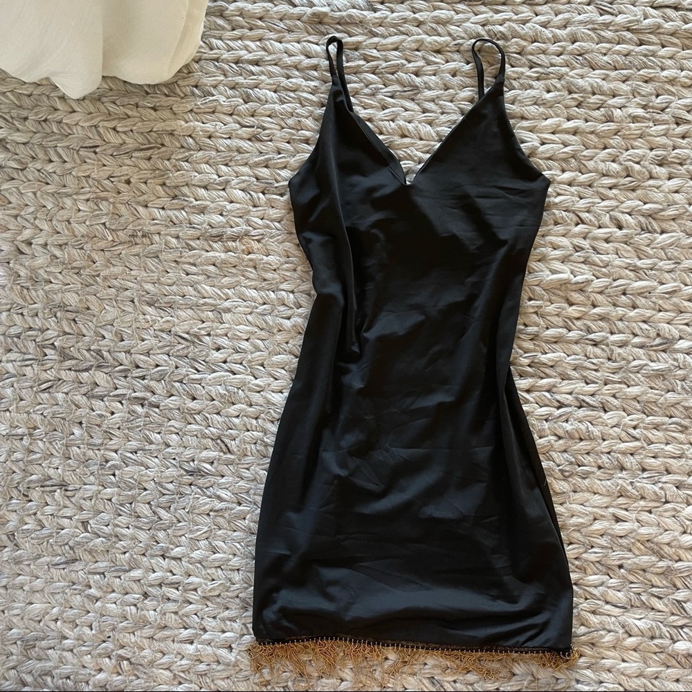 Daisy black slip dress with gold fringe